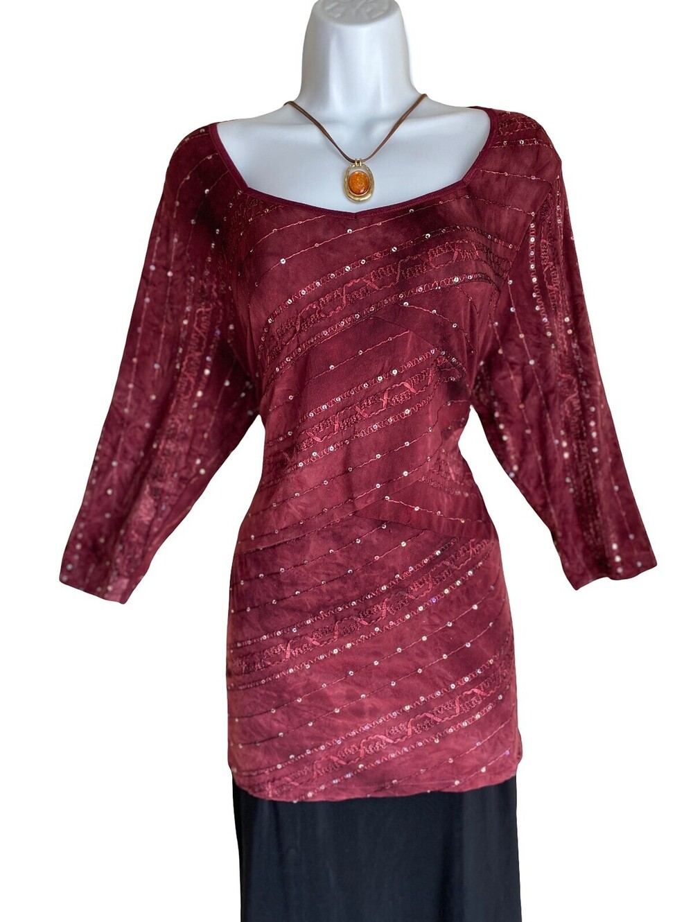 VTG DressBarn Women Plus 1X Burgundy Sequin Embroidered Tunic Blouse Whimsigoth